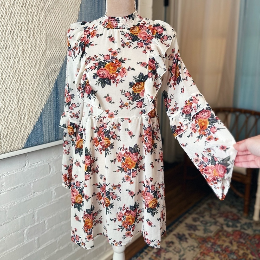 Kit + Sky Creamy Floral Balloon Sleeve Ruffle Dress